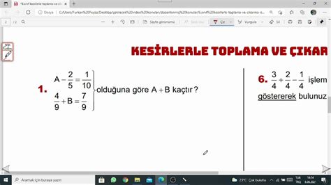 6 Sınıf Kesirlerde Toplama ve Çıkarma İşlemi Soru Çözümü YouTube