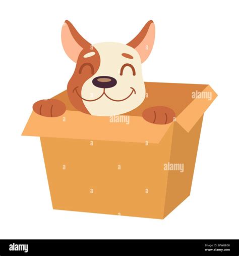 Cute Funny Puppy In A Cardboard Box Cartoon Character Vector