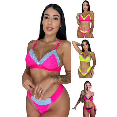 Lingerie Neon Renda Bicolor Conjunto Suti E Calcinha Fio Dental Sexy