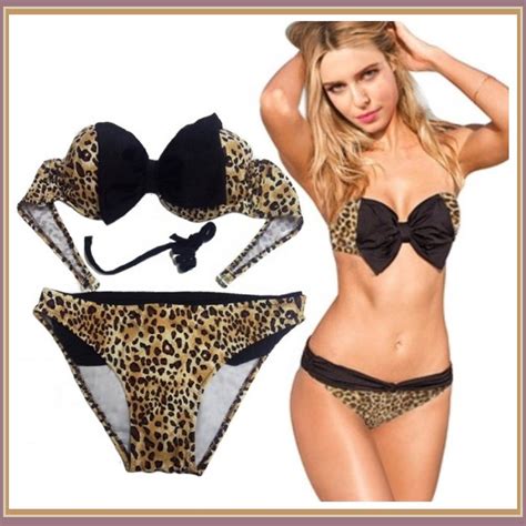 Sexy Big Black Bow Leopard Print Push Up Bandaux Bikini Swim Suit Women S Clothing
