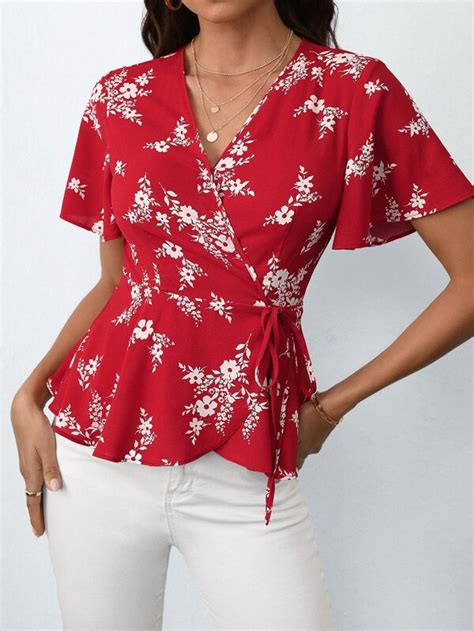 Shein Frenchy Floral Print Butterfly Sleeve Knot Side Wrap Blouse