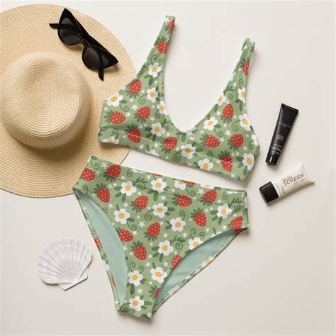 Strawberry High Waisted Bikini Strawberry Flower Swimsuit Etsy