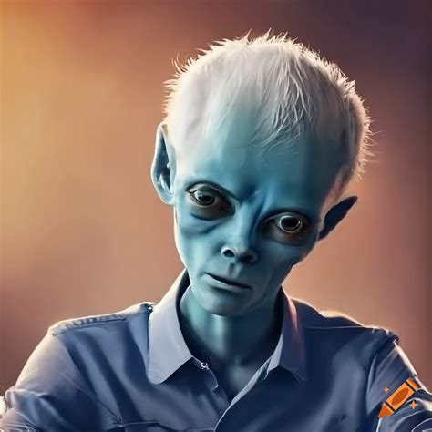 Blue Skinned Humanoid Alien Man With White Hair At A Cafe On A Sunny