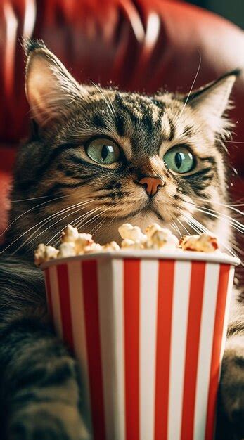 Premium AI Image | A cat eating popcorn in a striped red and white ...