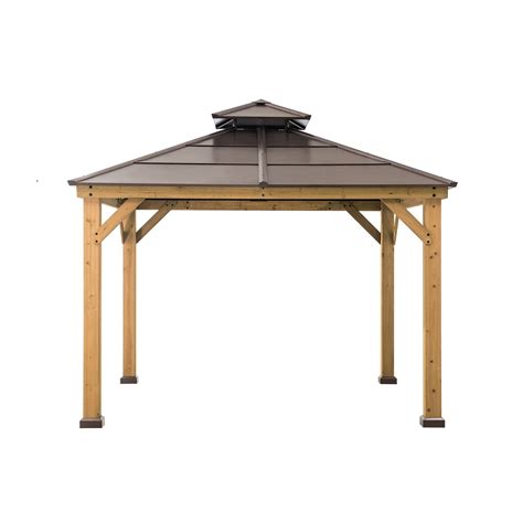 Sunjoy Outdoor Patio 11×11 Brown 2 Tier Wooden Frame Backyard Hardtop Gazebo With Ceiling Hook