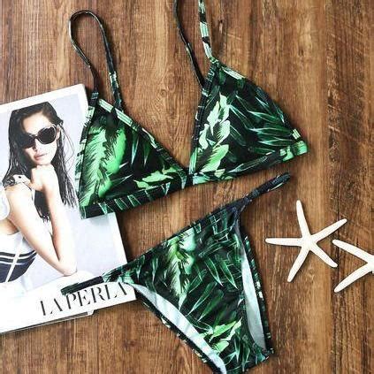 Green Leaf Print Fashion Dark Green Color Two Piece Bikini On Luulla