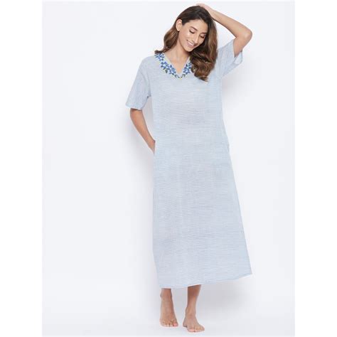 The Kaftan Company Embroidered Stripes Cotton Nightdress Blue Buy