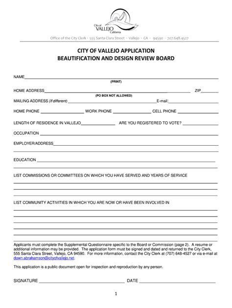 Fillable Online City Of Vallejo Application Beautification And Design