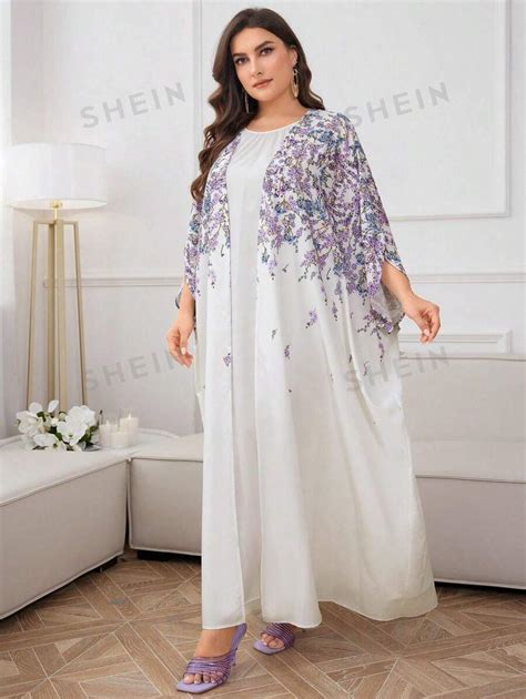 Shein Najma Plus Floral Print Batwing Sleeve Coat For Summer Fashion