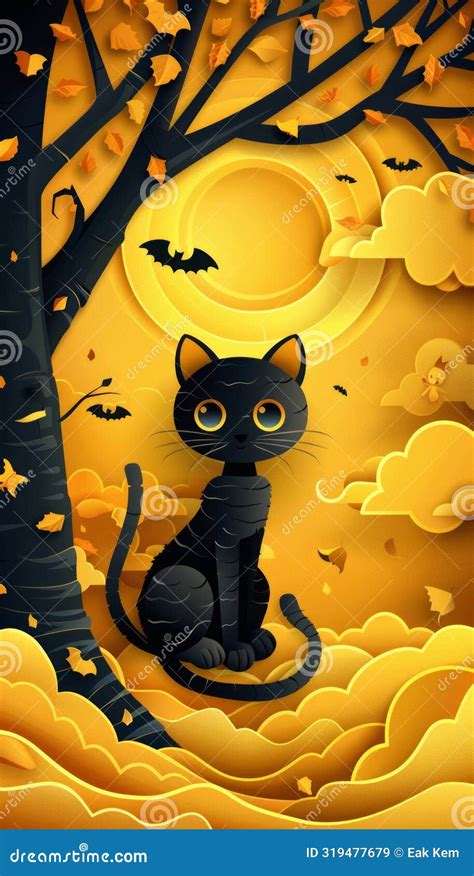 Mystical Black Cat In Enchanted Autumn Forest Under Glowing Full Moon