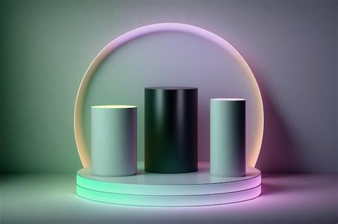 Cilindro 3d realista um pódio de luz neon colorida para exibição do