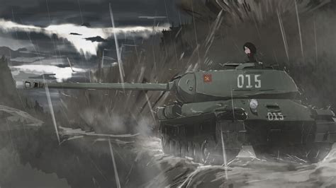 Wallpaper Anime Girls War Rain Weapon Tank Military Depressing