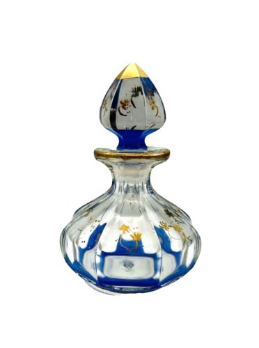 Antique Bohemian Handpainted Gold Blue Glass Perfume Scent Bottle Ebay