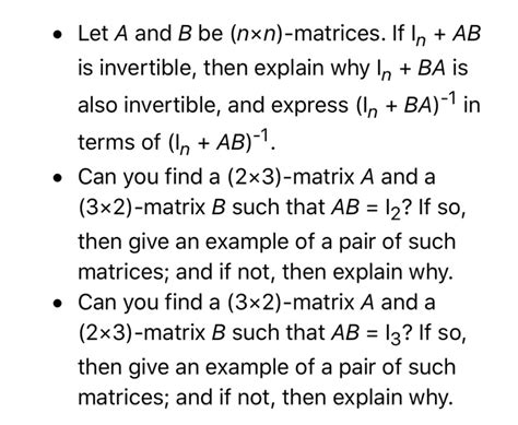 Solved Let A And B Be Nxn Matrices If N Ab Is Invertible