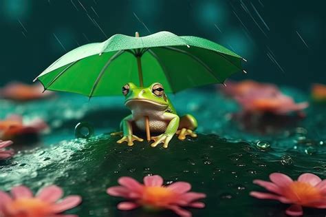 Premium Photo A Frog With An Umbrella Sits Under A Raindrop