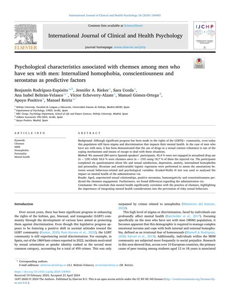 PDF Psychological Characteristics Associated With Chemsex Among Men Who Have Sex With Men