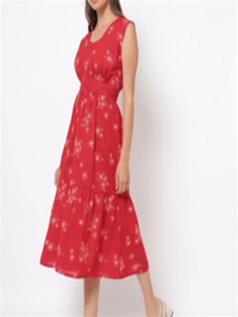 Buy Saaki Red Floral A Line Midi Dress Ethnic Dresses For Women