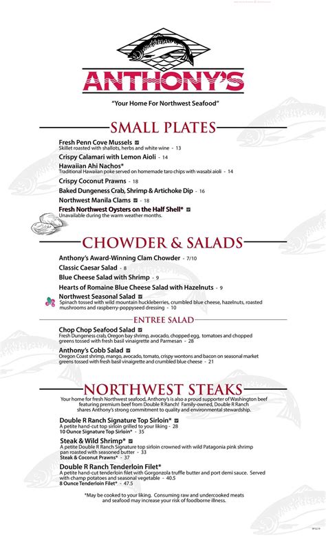 Menu at Anthony's at Spokane Falls steakhouse, Spokane