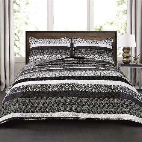 Lush Décor Boho Striped Reversible 3 Piece Quilt Bedding Set Black