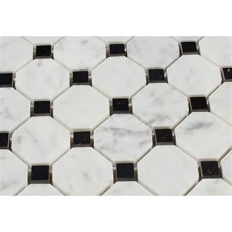 Bianco Carrara Honed Marble Octagon Mosaic Tile W Black Dots