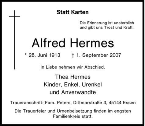 Traueranzeigen Von Alfred Hermes Trauer In Nrw De