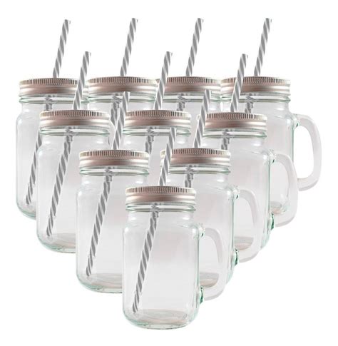 Mason Jar Frasco Liso Tarro Popote Tapa Plata Vidrio Pack