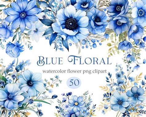 Blue Floral Clipart, Watercolor Blue Flower Clipart Bundle, Flower ...