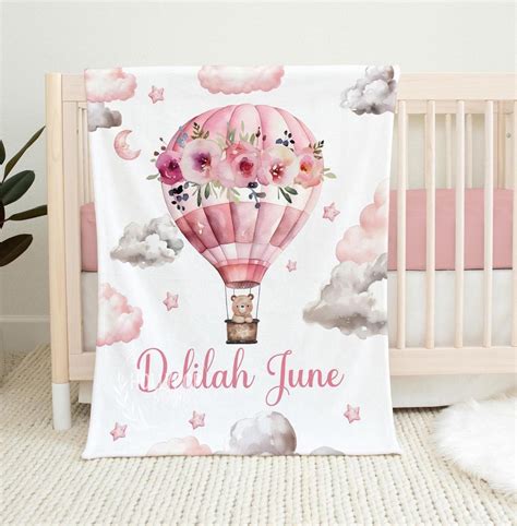 HOT AIR BALLOON Blanket Personalized Baby Girl Blanket Pink Balloon Girl Name Blanket Bear