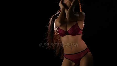 Long Haired Brunette In Erotic Red Lingerie Slow Motion Stock Video KinoMasterDnepr