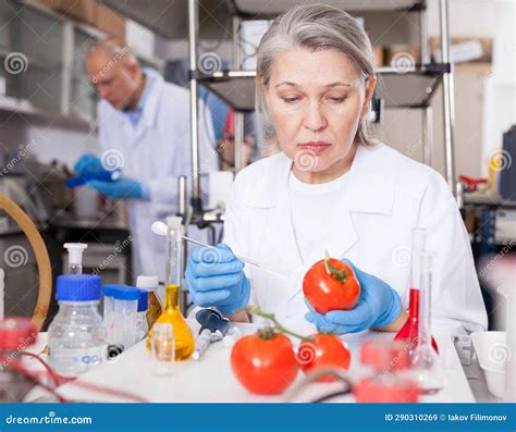 Female Geneticist Conducting Experiments With Fruits And Vegetables Stock Image Image Of