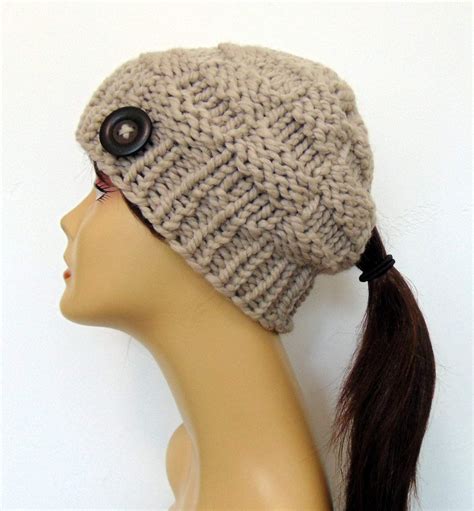 Linen Chunky Knit Ponytail Hat Tan Taupe Beanie Pony Tail Hole