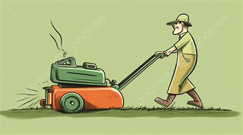 Cartoon Of A Man Moving An Mower That Is Green Background Cartoon Lawn