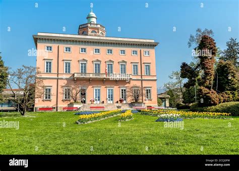 View Of Villa Ciani With Colorful Tulips Foreground In The Public City