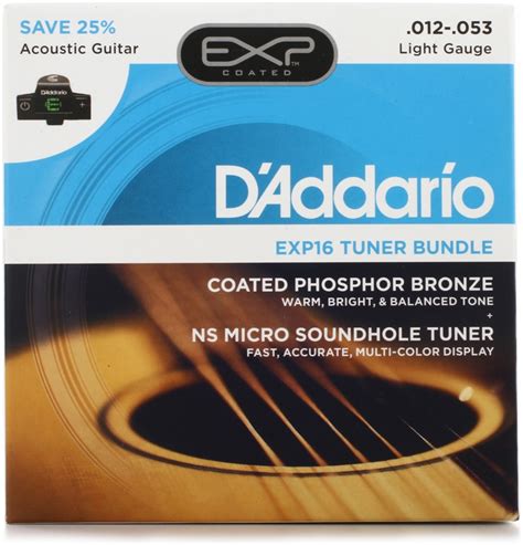 Daddario Exp16 Coated Phosphor Bronze Acoustic Strings Light With Ns Micro Sound Hole Tuner