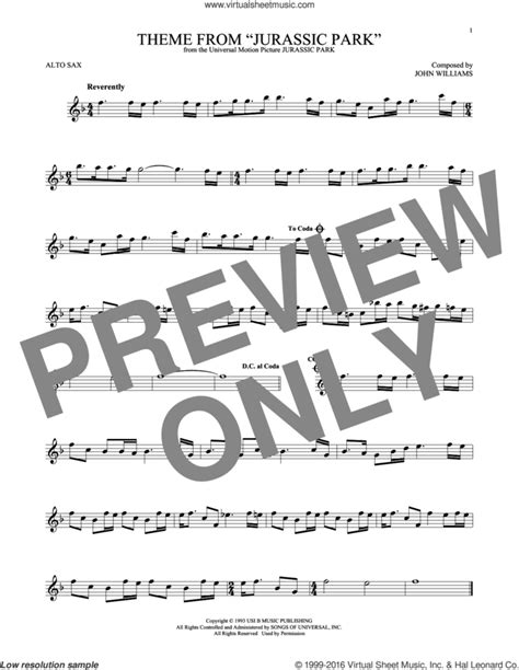 Theme From Jurassic Park Sheet Music For Alto Saxophone Solo