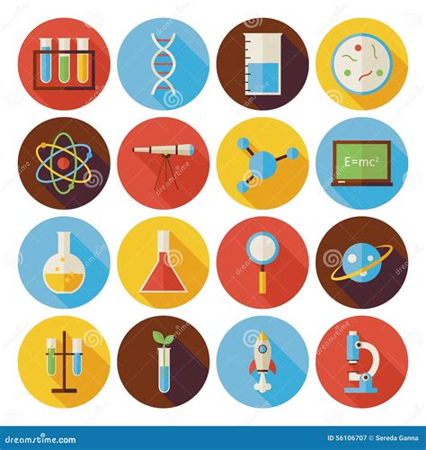 Flat Science And Education Circle Icons Set With Long Shadow Stock