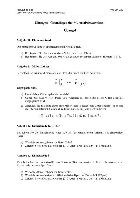 Übungsaufgaben Blatt 4 Prof Dr H Föll WS 2012 Lehrstuhl für