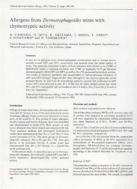 Pdf Allergens From Dermatophagoides Mites With Chymotryptic Activity