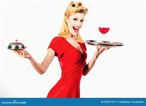 Restaurant Serving Concept Pin Up Girl Waiter With Wine And Service