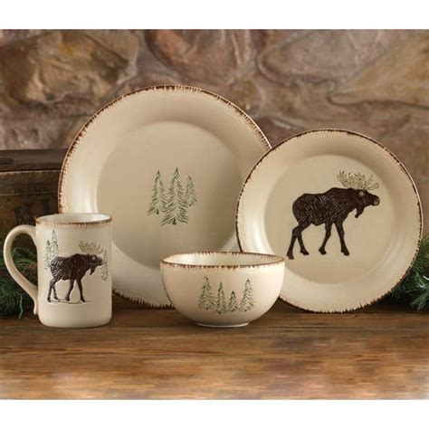 Rustic Retreat Moose And Tree Stoneware Dinnerware Set Rustic