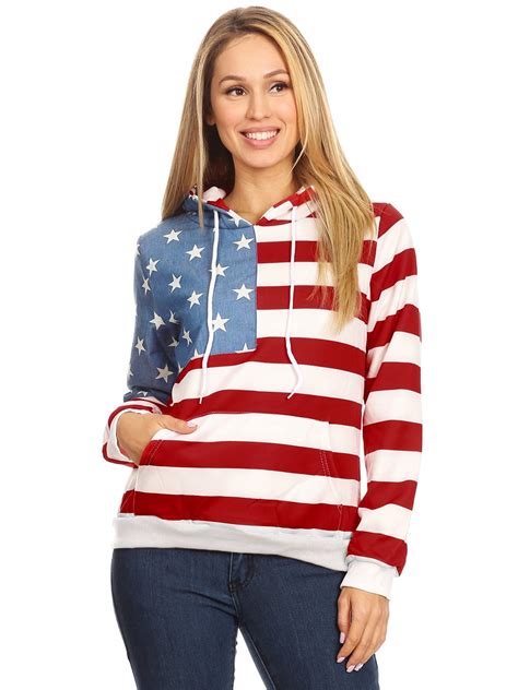 Womens Casual American Flag Patriotic Usa Pullover Hoodie Sweater