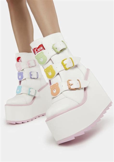 Yru Care Bears Multi Buckle Platform Boots White Platform Boots