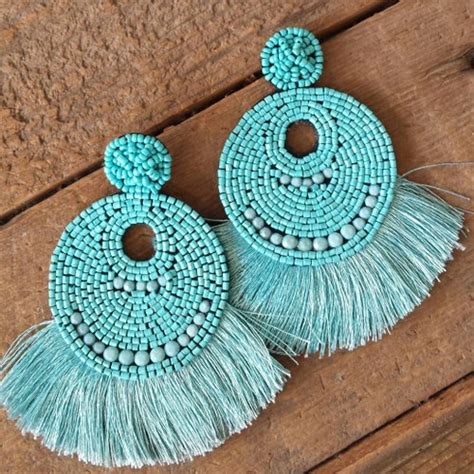 Light Blue Beaded Fringe Earrings Etsy