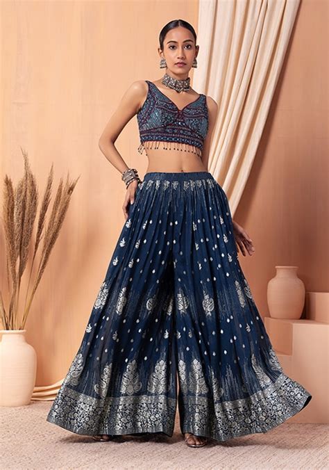 Buy Women Teal Blue Embroidered Lehenga Set With Blouse And Jacket