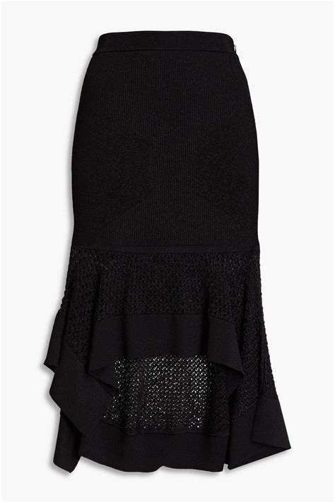 Alexander Mcqueen Asymmetric Metallic Macramé Paneled Ribbed Knit Skirt