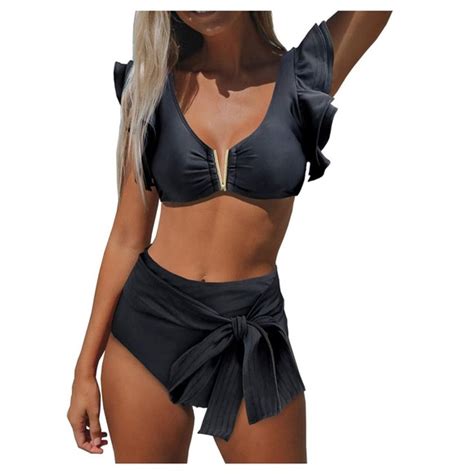 Amazon Swim Ruffle High Waist Swimsuit Push Up Solid Black Bikini