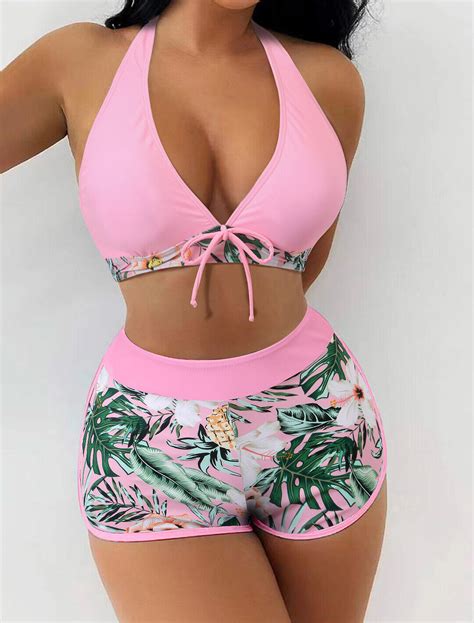 Bra Bikini Set Shorts Swimwear Swimsuits Beach Womens Printed Halter