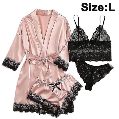 4 peças cetim feminino cetim cetim linger lingerie pijama roupão de