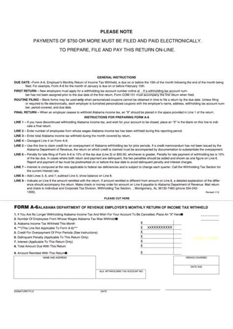 Fillable Form A 6 Alabama Department Of Revenue Employers Monthly Return Of Income Tax