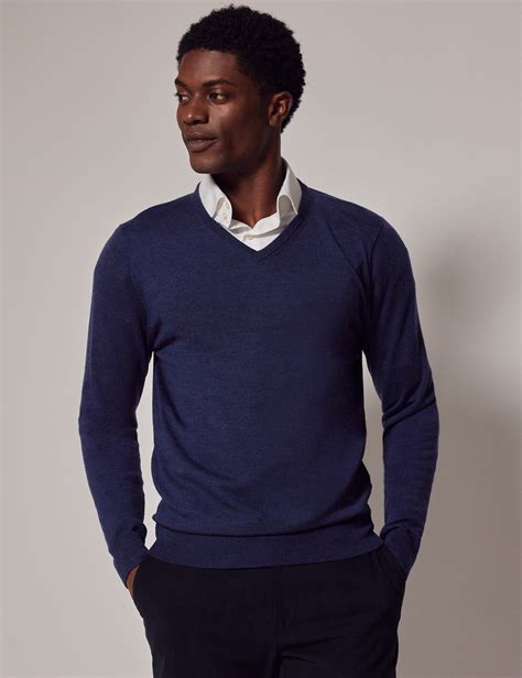 Mens Dark Blue V Neck Merino Wool Sweater